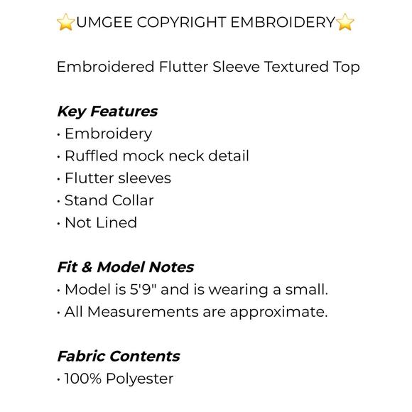 UMGEE Copyright Embroidery Flutter Sleeve Textured Top - Medium - Picture 6 of 6